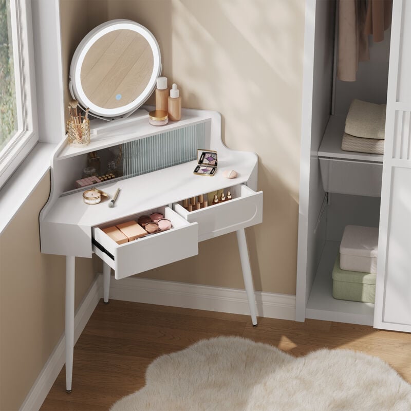 Schminktisch mit Beleuchtung Spiegel, Einstellbarer Helligkeit, Eck Kosmetiktisch mit 2 Schubladen, 1 Fach mit Glasfront, Frisiertisch Kosmetiktisch,