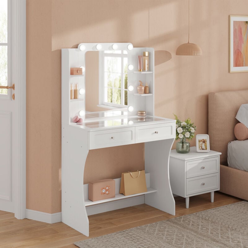 WOLTU Schminktisch mit Beleuchtung Spiegel, Kosmetiktisch Frisiertisch mit 2 Schubladen Ablagen, 80x38x135 cm, Weiß