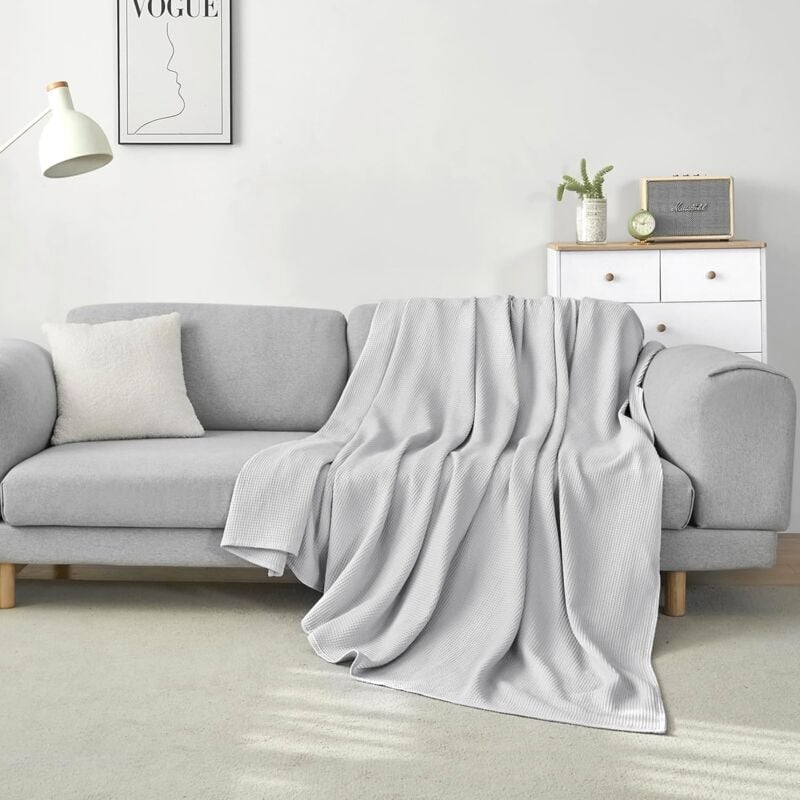 170x210cm Tagesdecke 100% Baumwolle Decke Weiche Waffelpique Tagesdecke, Leichte Kuscheldecke Wohndecken, Überwurf für Sofa Seesel Bett, Grau - Woltu