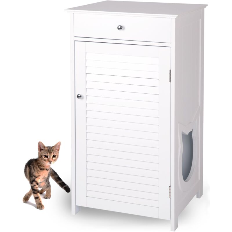 Katzenschrank für Katzentoilette groß hoch aus Holz, Katzenklo-Schrank Kommode mit Schublade und Tür geschlossen, Design Katzen-Haus Toilette Klo xl,