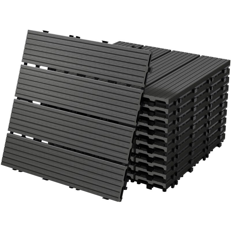 Wpc Terrassenfliesen 30x30 cm/11 Fliesen=1m², Anthrazit, geriffelt, Holzoptik, Bodenbelag mit Klicksystem & Drainage, Terrassendielen Balkonfliesen,