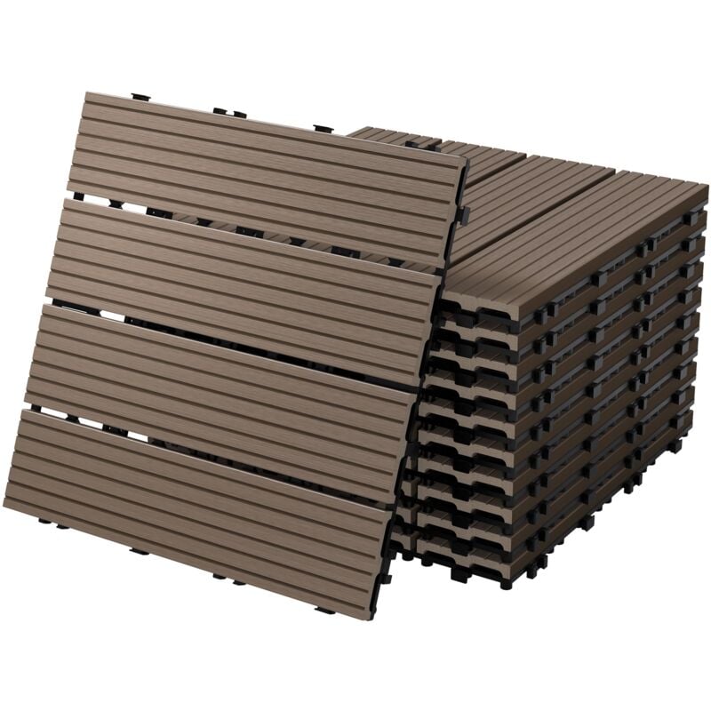 Wpc Terrassenfliesen 30x30 cm/11 Fliesen=1m² Dunkelbraun geriffelt, Holzoptik, Bodenbelag mit Klicksystem & Drainage, Terrassendielen Balkonfliesen,