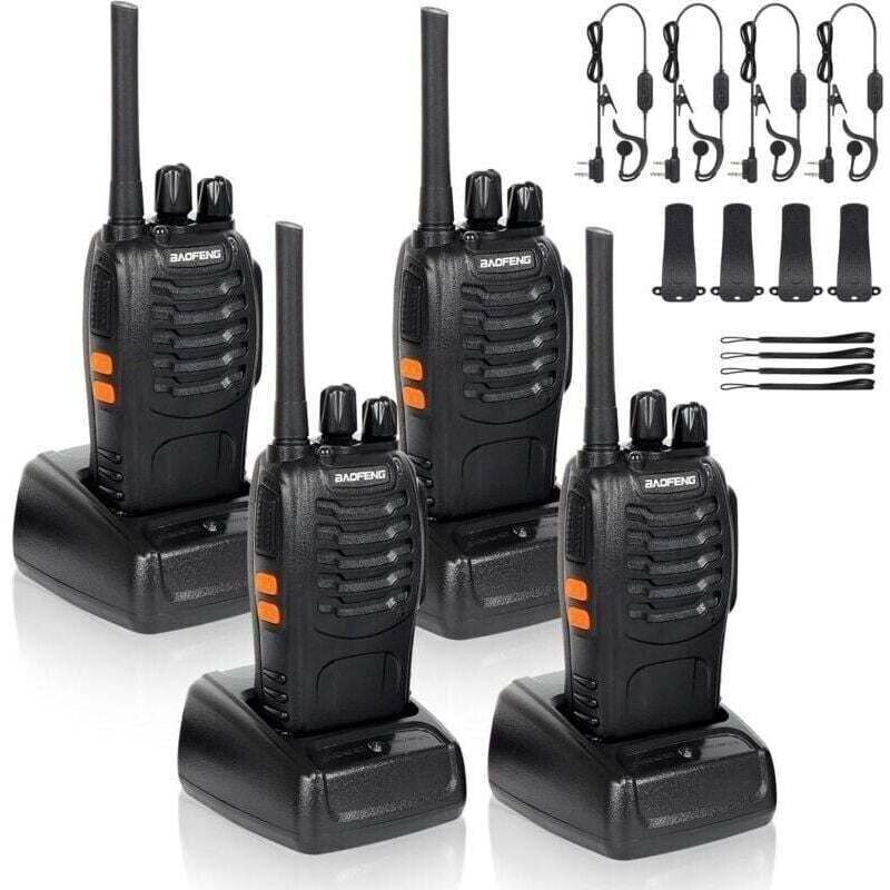 x 2-Kanal-Funkgeräte (400–470 MHz) mit Original-Kopfhörern, 16-Kanal-FM-Transmitter (wiederaufladbar) – Schwarz