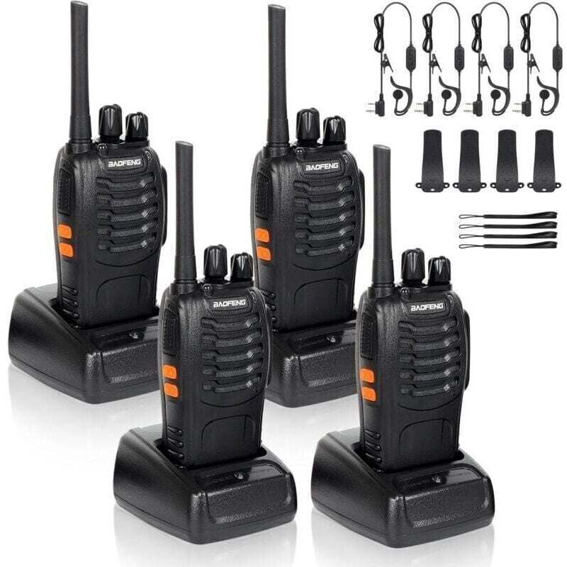 x 2-Kanal-Funkgeräte (400–470 MHz) mit Original-Kopfhörern, 16-Kanal-FM-Transmitter (wiederaufladbar) – Schwarz