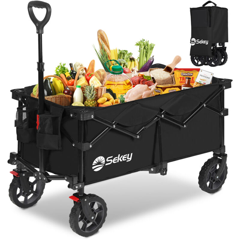 Sekey 150KG Bollerwagen Faltbar Handwagen mit Bremsen und normalen Reifen, 4-fach zusammenklappbares Design, Schwarz