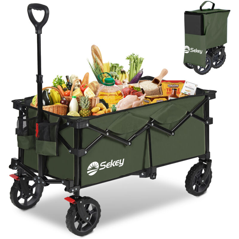 Sekey 150KG Bollerwagen Faltbar Handwagen mit Bremsen und normalen Reifen, 4-fach zusammenklappbares Design, Olivgrün