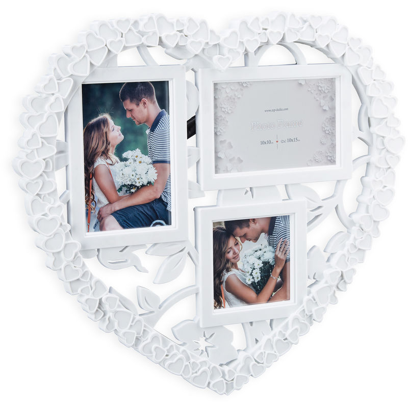 Relaxdays - xl Herz Bilderrahmen Collage, Bildergalerie, Hoch-, Querformat 10x10, 10x15, Geschenk f. Hochzeit, Paare, weiß