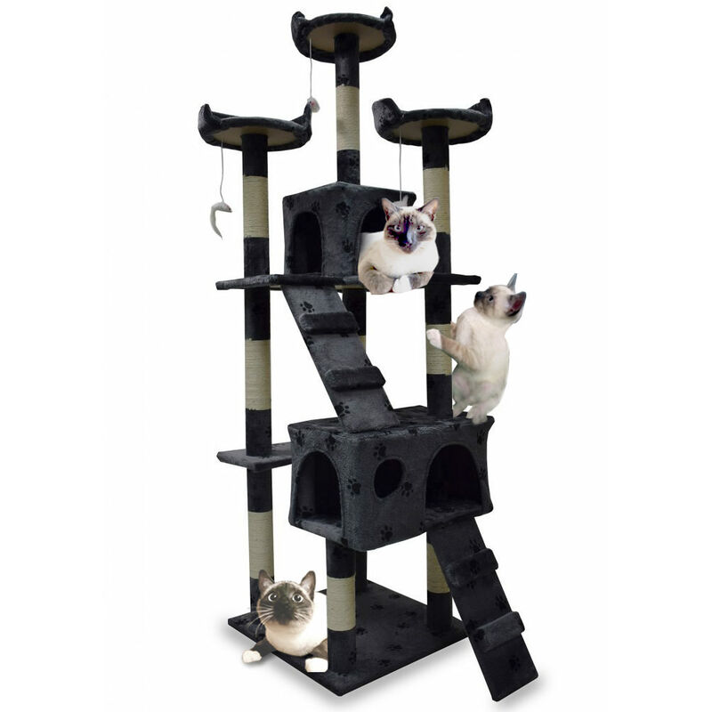 Bituxx - xl Katzen Kratzbaum Dunkelgrau Pfote Katzenbaum Katzenhaus Katzenturm Sisal Plüsch Kratzsäule 170cm 3 Etagen Plüsch Sisal 2 Schlafhöhlen