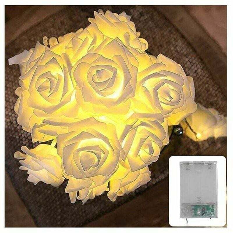 XVX Weiße Rosen-LED-Lichterkette – 3 m, batteriebetrieben, 20 Blumen, warmweiße Rosen-Lichterkette, Dekoration für Schlafzimmer, Schminktisch,