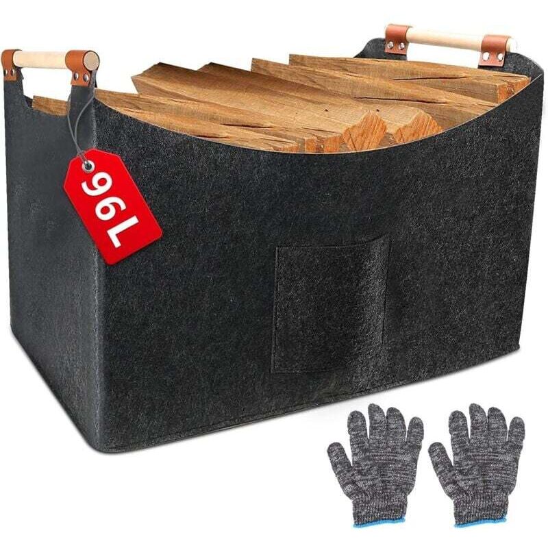 XXL-Filzkorb für Brennholz (96 l, 60 x 40 x 40 cm), faltbar, mit Holzgriff