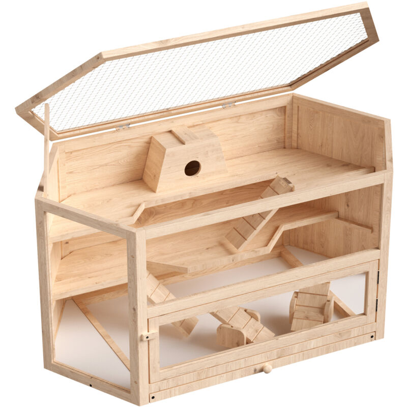 Wiltec - xxl 3 Etagen Nagerkäfig, 6-eckig, 1150 x 600 x 580 mm, aus Holz, mit klappbarem Deckel & Sichtfenster, Kleintierhaus Mäusekäfig Hamsterkäfig