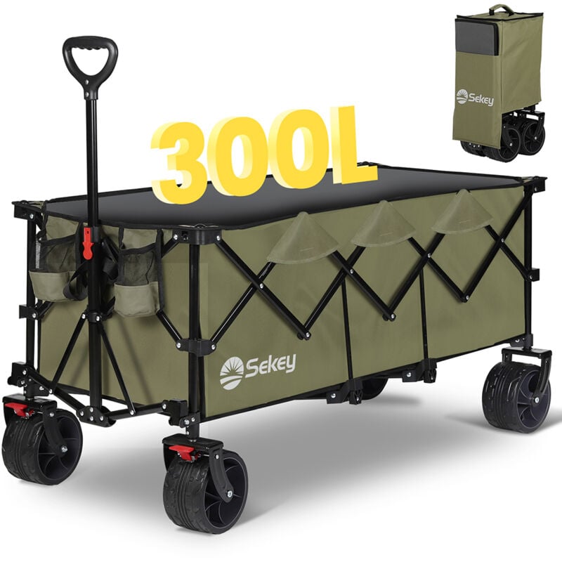 Xxxl Superlang Bollerwagen Faltbar Handwagen 300L 200KG Klappbar Transportwagen, Alle-Terrain Reifen, Ultrakompakt Faltbar, Olivgrün - Sekey