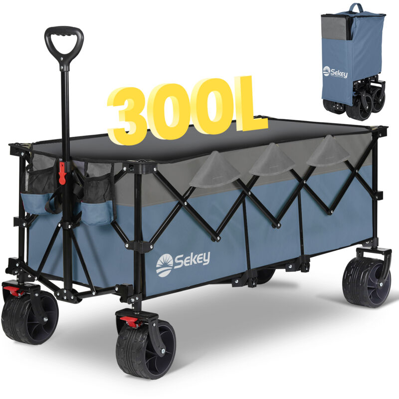 Xxxl Superlang Bollerwagen Faltbar Handwagen 300L 200KG Klappbar Transportwagen, Alle-Terrain Reifen, Ultrakompakt Faltbar, Grau und Blau - Sekey