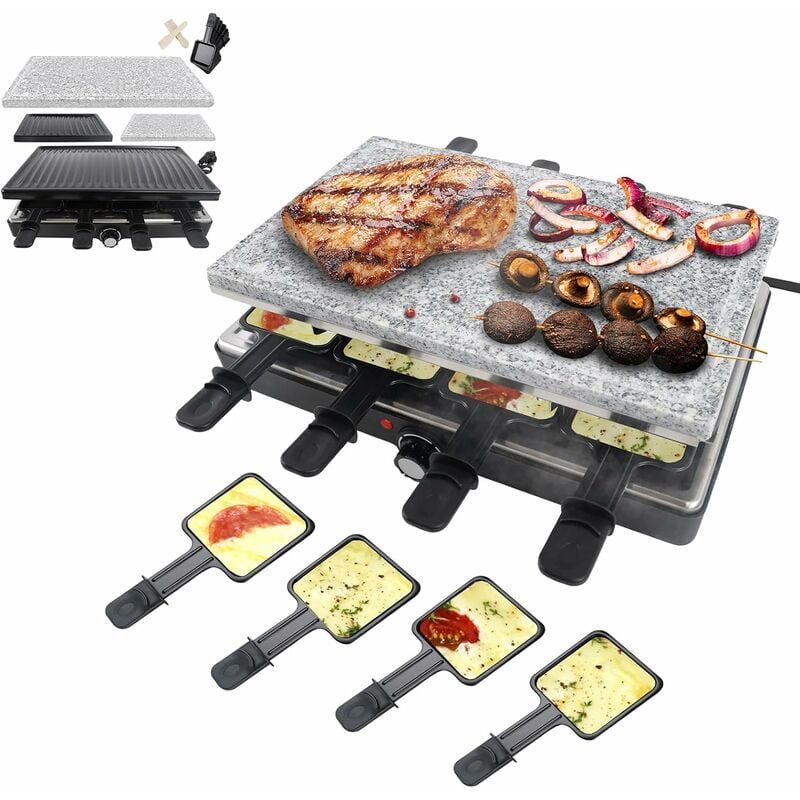 Raclette Grill Grillplatte Tischgrill für 8 Personen, Steinplatte und Grillplatte Antihaftbeschichtung Elektrogrill mit 8 Pfannen und Holzspatel
