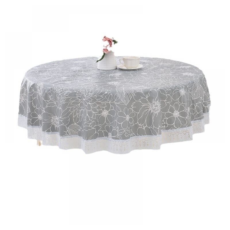 FLITI 1 Stück runde graue Wachstuch-Tischdecke aus PVC mit floralem Spitzenmuster, wasserdicht, schmutzabweisend, runde Linoleum-Tischdecke für