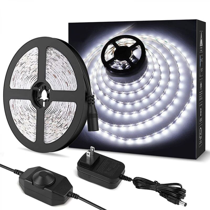 Ymyny 5M led Streifen 1200LM Kaltweiß Dimmbar, 12V 6000K 300LEDs 2835, Selbstklebender led Streifen mit Dimmer, Anschlüssen + Trafo, Innenbeleuchtung
