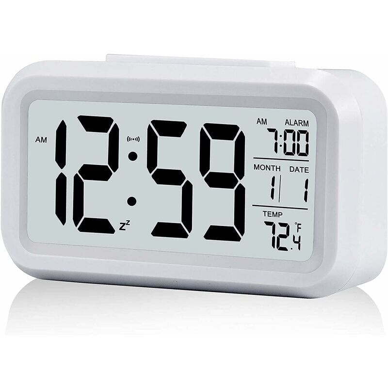 Ymyny - Digitaler Wecker, Digitaluhr, batteriebetrieben, geräuschloser Wecker für Kinder und Erwachsene, großes LED-Display, Temperaturkalender (weiß)