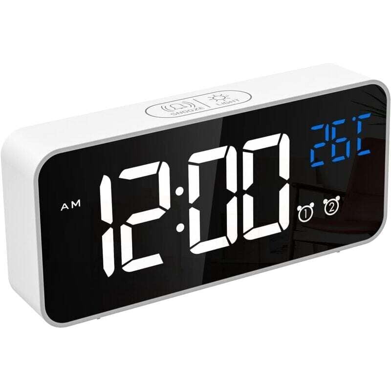 Digitaler Wecker, LED-Digitaluhr, Digitaler Wecker mit Temperatur/Schlummerfunktion/2 Alarme/12/24 Stunden/USB-Ladeanschluss/16 Musik (Reinweiß)