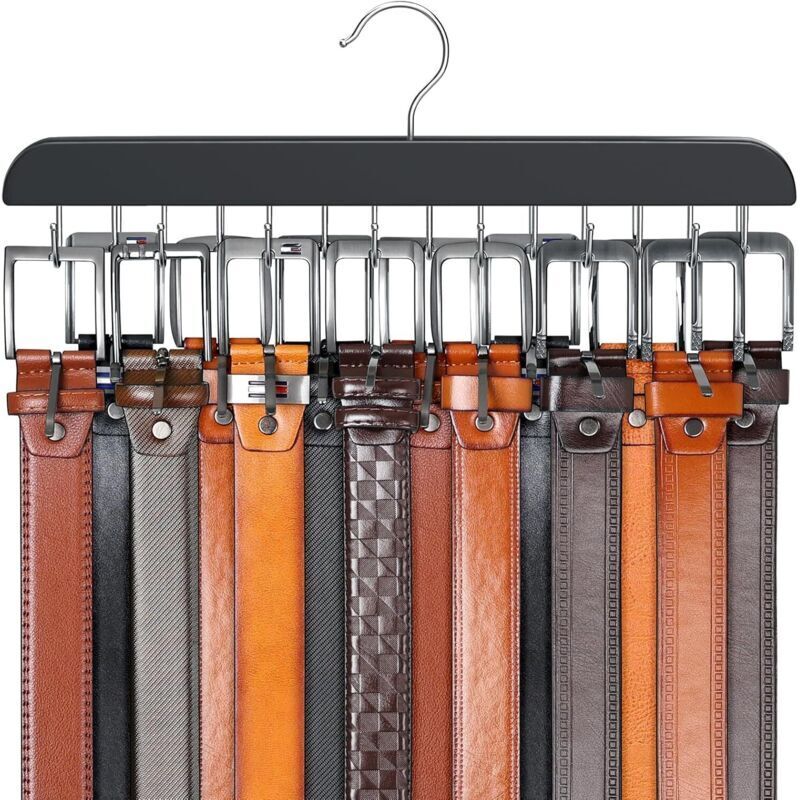 YMYNY Schrank-Gürtelhalter, max. 42 Gürtel, Gürtel-Organizer, Schrankzubehör mit 14 Haken, stabiler Gürtelhalter aus Holz für Schrank-Organizer und