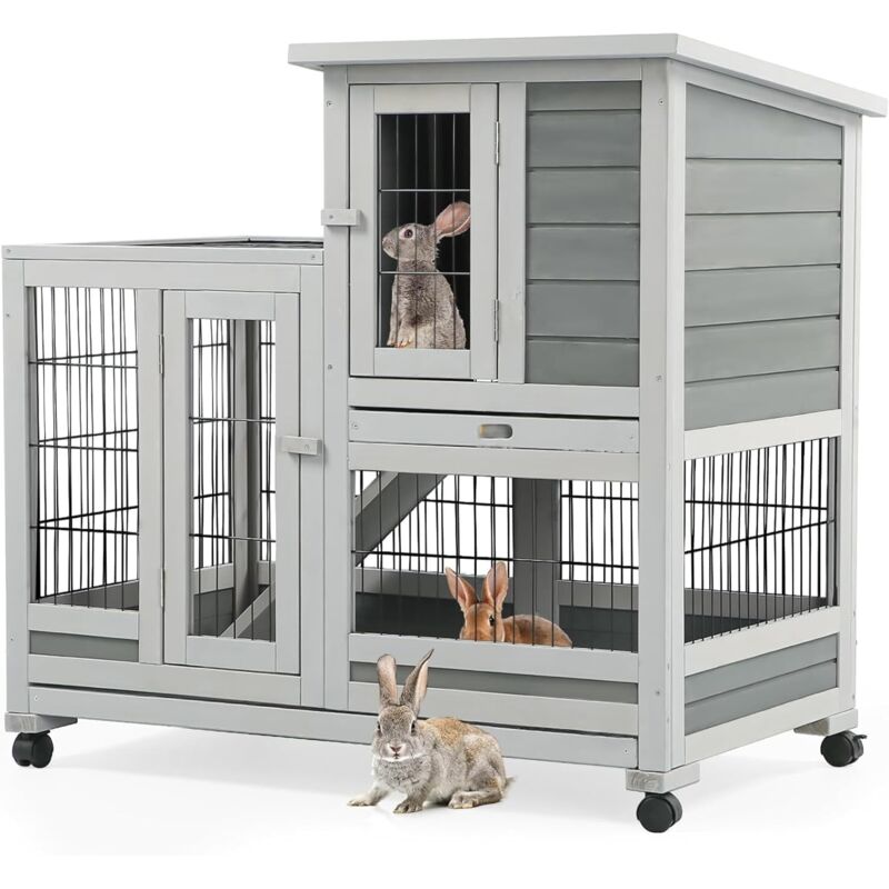 YODOLLA Hasenstall Kaninchenstall Kleintierstall, 94 cm Meerschweinchenstall mit Auslauf, Indoor-Kaninchenkäfig mit 4 Rollen