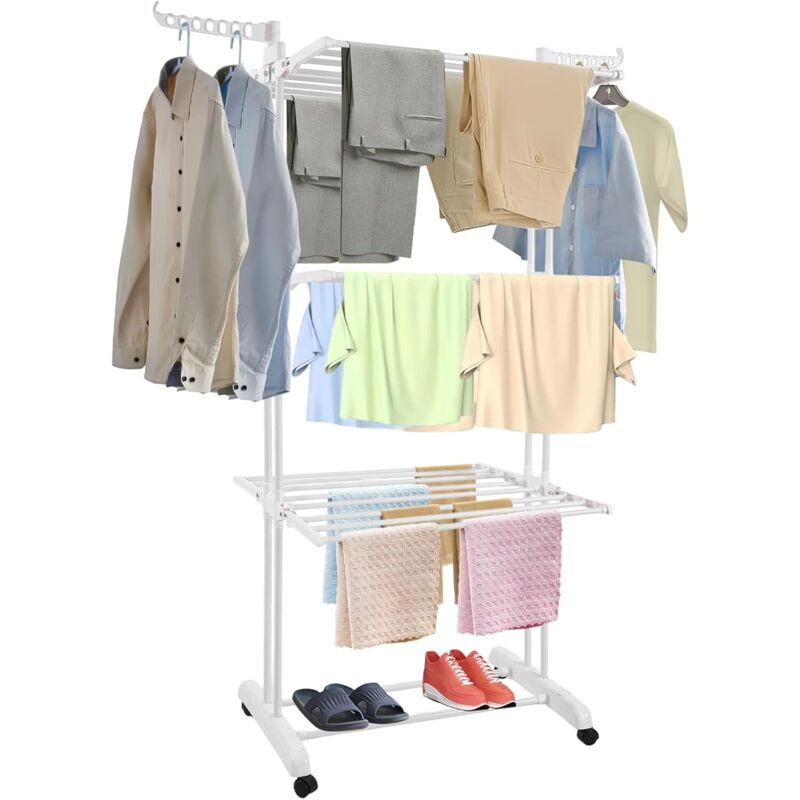 Youyijia Klappbarer Wäscheturm mit 3 Ebenen & 2 Seitenflügeln Edelstahl Wäscheständer mit Rollen und Bremsen 35 kg Traglast Platzsparend für Innen