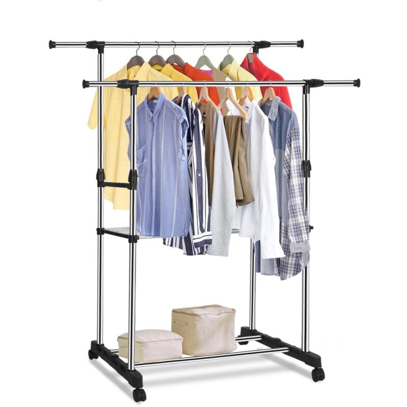 Youyijia Kleiderständer aus Metall freistehender Kleiderständer mit Doppelschiene und unterem Regal für Schuhe und Boxen Doppelstange zum Trocknen