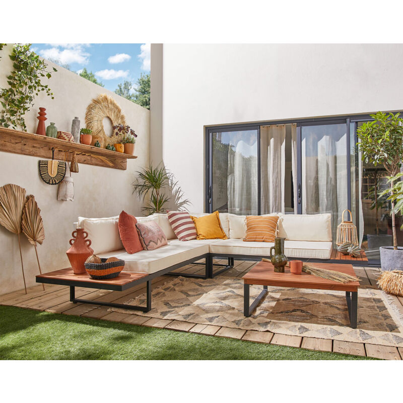 Yulara - gartenlounge-set für 5 personen - holz, metall und beigefarbene kissen - schwarz / holz / beige