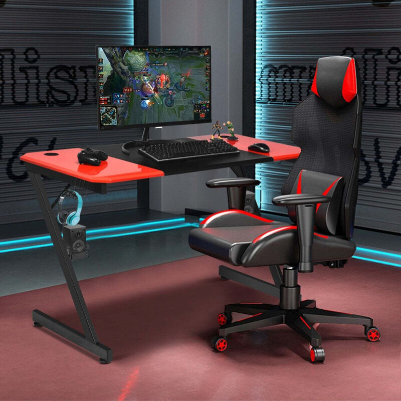Northix - z formiger gaming tisch computertisch pc tisch mit becherhalter kopfhorerhaken boxenstander schreibtisch schwarzrot
