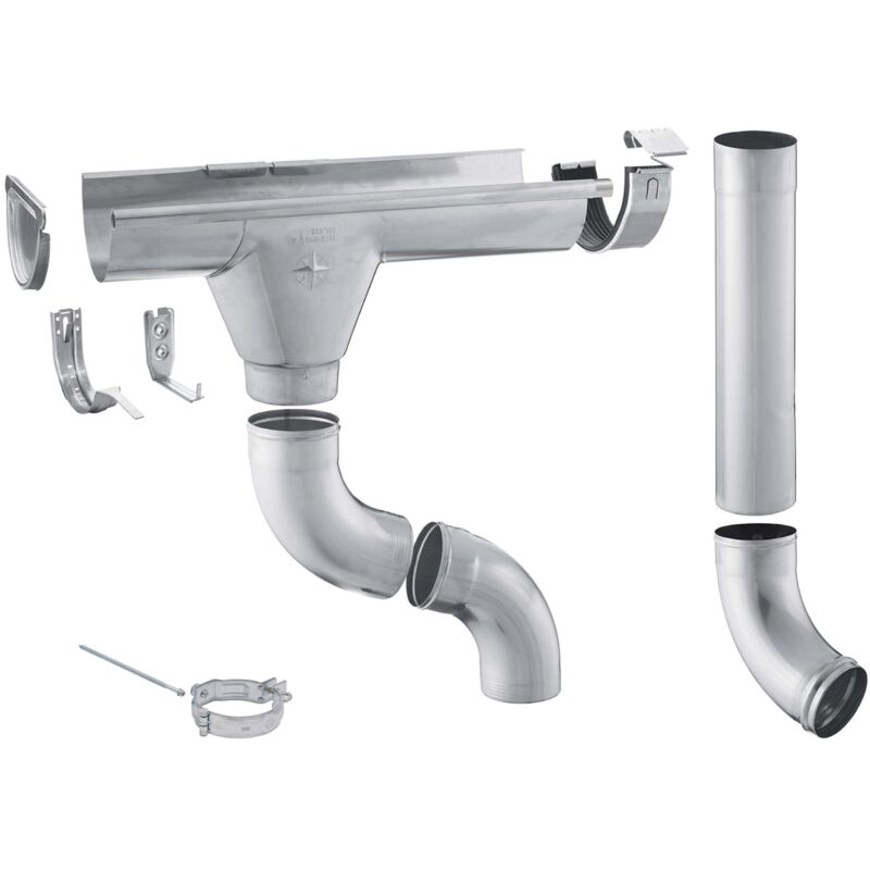 Zink Dachrinne Komplettset Gartenhaus, Carport, Terrasse, 1 Dachseite, ohne Löten, für Dachfläche bis ca. 80m², 7 teilig/280 / 125mm Silber, 4m