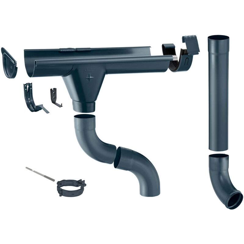 Zink Dachrinne Komplettset Gartenhaus, Carport, Terrasse, 1 Dachseite, ohne Löten, für Dachfläche bis ca. 80m², 7 teilig/280 / 125mm Anthrazit, 6m