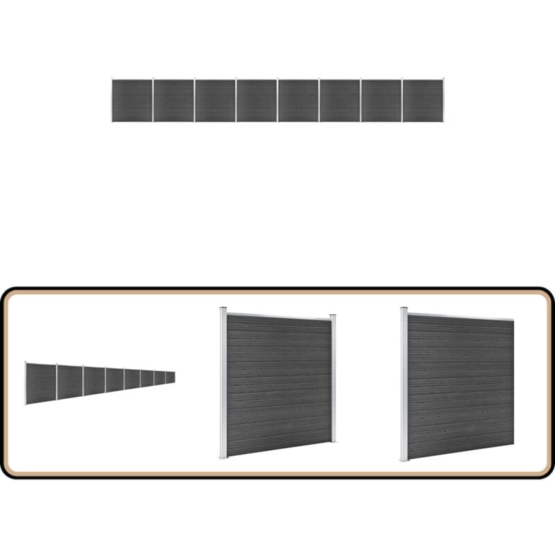Zaunelement Set wpc 1391x186 cm Schwarz - Zaunelement - Gartenzaun - wpc Zaun - Holzzaunt - Alu Zaun