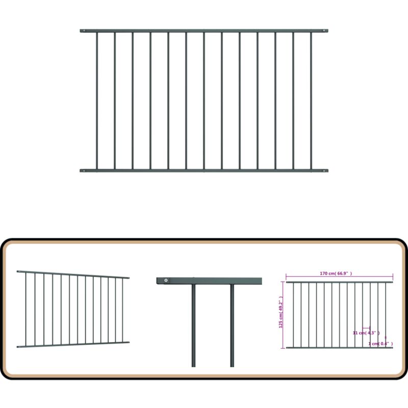 Zaunfeld Pulverbeschichteter Stahl 1,7 x 1,25 m Anthrazit - Gartenzaun - Stahlezaunt - Anthrazit - Wetterfest - Zaunfeld