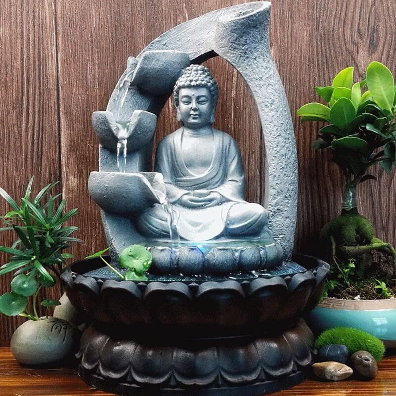 Zimmerbrunnen Buddha Wasserfall Springbrunnen Gartenbrunnen Buddhabrunnen mit LED Licht Beleuchtung für Home Office, 21x21x28 cm