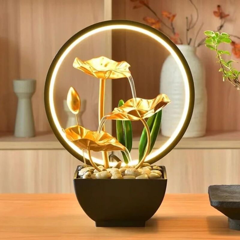 Zimmerbrunnen LED, Tischbrunnen mit Beleuchtung Wasserfall, Moderne Zen Deko mit geräuschloser Pumpe, Entspannung Meditationsdekoration für Haus,