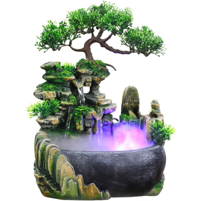 Zimmerbrunnen mit LED-Beleuchtung, Tisch-Wasserfallbrunnen mit Nebel, Gardin Aquarium Resin Desktop-Brunnen, Zen Light Zimmerbrunnen mit Pflanzen