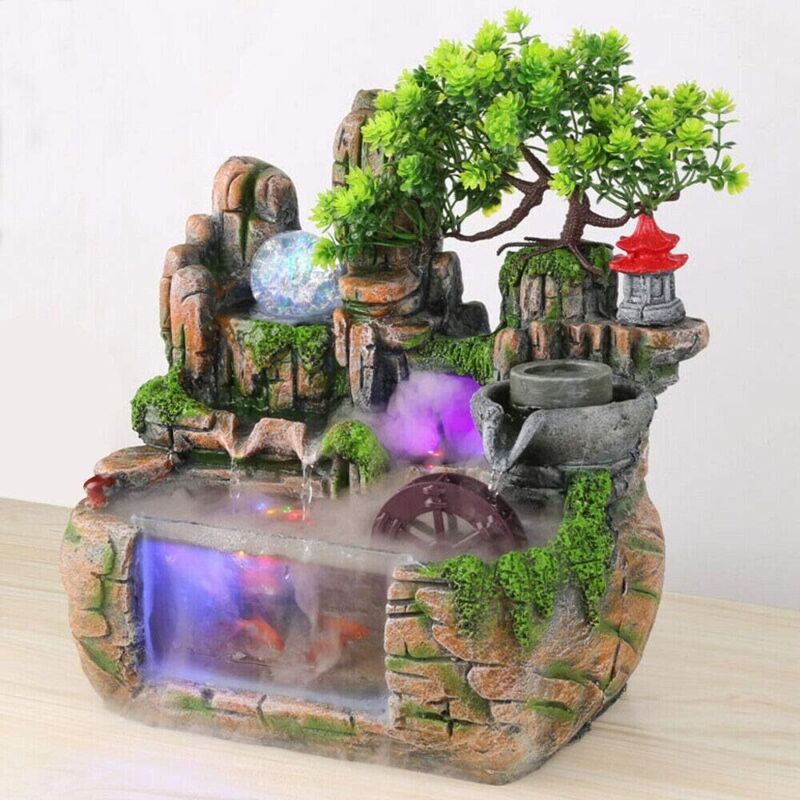 Zimmerbrunnen mit LED-Beleuchtung und Wasserfall – Leiser Tischbrunnen aus Harz, Dekorativer Springbrunnen mit Zerstäuber für Wohnzimmer, Zen-Garten,