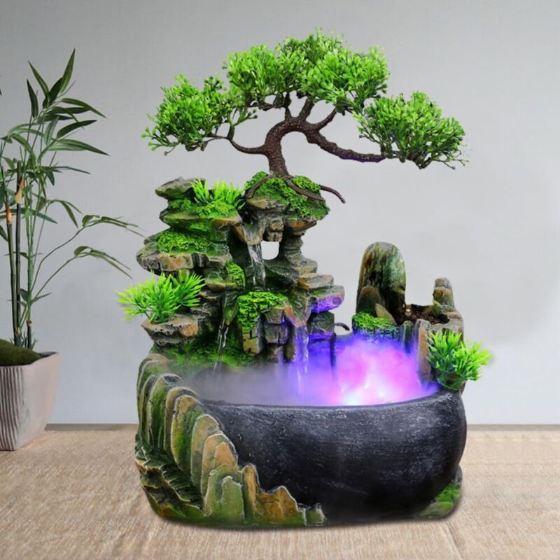 Zimmerbrunnen mit LED Wohnzimmer Wasserfall Tischbrunnen, Steingarten Wasserbrunnen Schreibtisch Chinesisch Fengshui Wasserfall Tischplatte Bonsai
