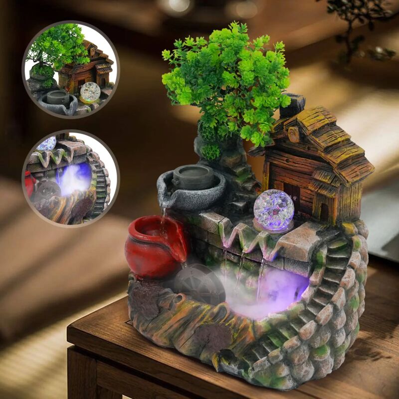 Zimmerbrunnen mit Nebel LED Beleuchtung, Tischbrunnen Zimmerbrunnen GartenAquariumHarz Desktop-Brunnen mit Pflanzen Zimmerspringbrunnen Wasserfall
