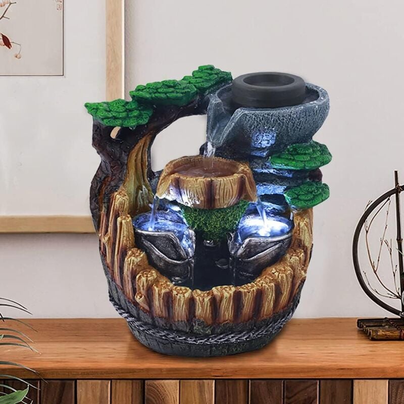 Zimmerbrunnen mit Pflanzen und LED-Beleuchtung - Zimmerbrunnen Wasserfall mit Pumpe und Beleuchtung Tischbrunnen Felsenbrunnen Schreibtischbrunnen