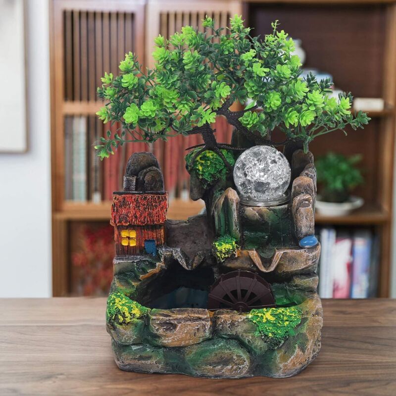 Zimmerbrunnen Wasserfall Nebel Brunnen Gartenbrunnen mit Künstliche Pflanzen Wasserbrunnen Steingartenbrunnen Tischbrunnen Led Licht Innen Dekoration