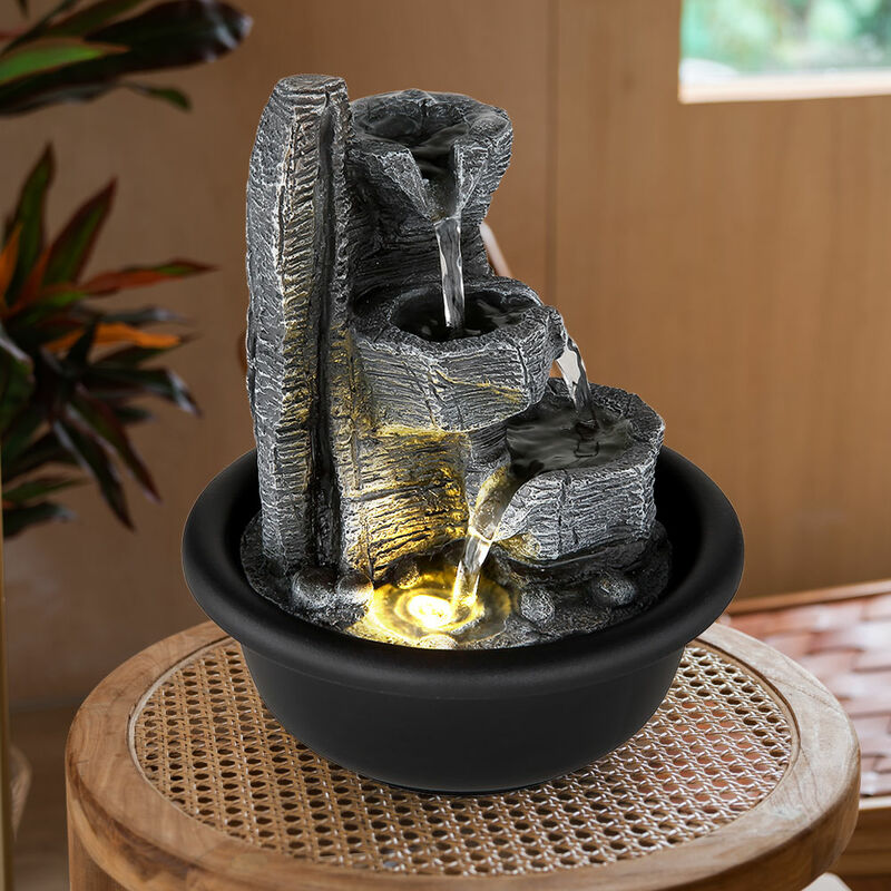 Zimmerbrunnen Tischbrunnen mit Wasserfall led Springbrunnen Deko Beleuchtung, Kunststoff schwarz grau, 3000K warmweiß, d 16 cm