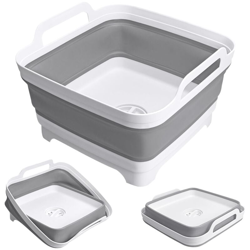 Zusammenklappbare 9-Liter-Spülwanne mit Abflussstopfen, tragbares und faltbares Waschbecken für Camping, ideal für Geschirr, Wäsche und Kochen, grau.