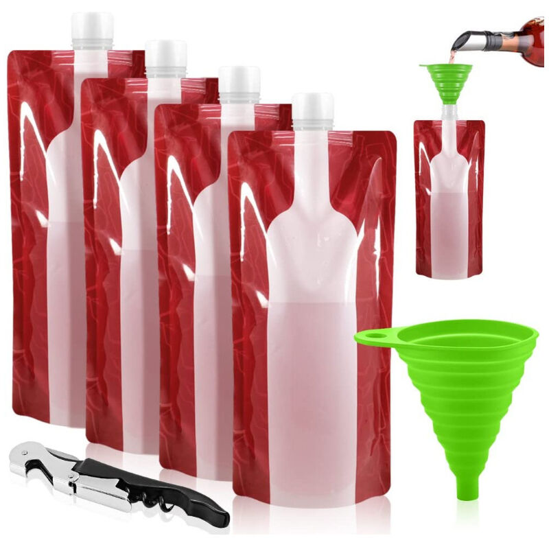 Coocheer - Zusammenklappbare Weinbeutel, 4 Stück, tragbare 750 ml wiederverwendbare Weinflaschenbeutel aus Kunststoff, auslaufsicher für Getränke,