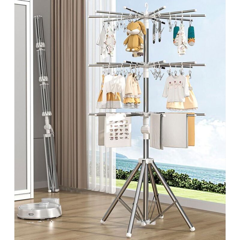 Zusammenklappbarer Wäscheständer, Wäscheständer aus Metall mit winddichten Clips für drinnen und draußen, Babywindel- und Handtuchhalter mit 3
