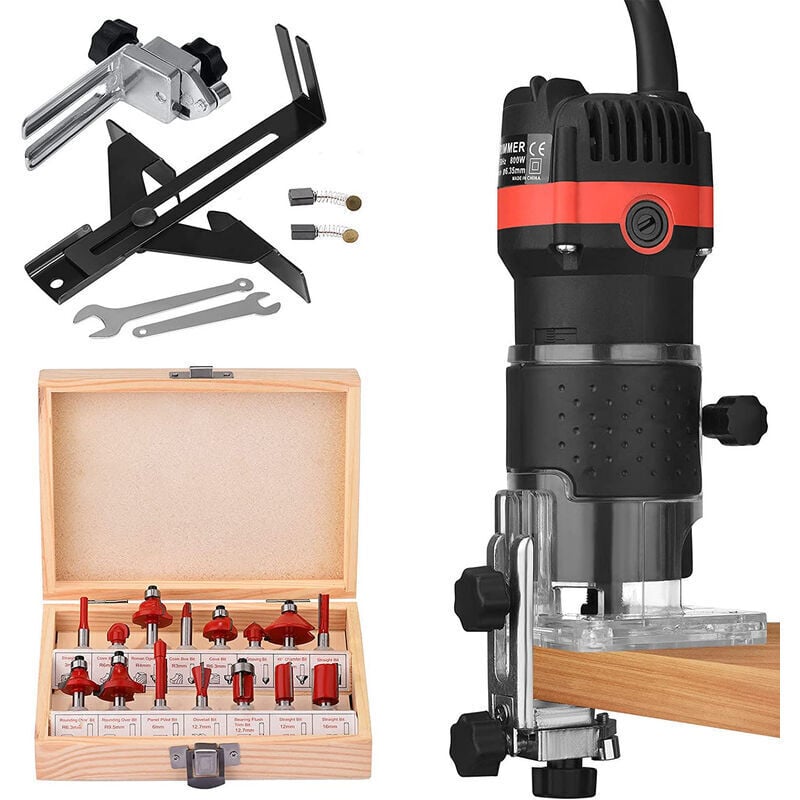 ZVD-Woodworking Elektrischer Trimmer Router Trimmer Durchmesser 6,35 mm 30000 U/min Elektrischer Trimmer Router mit 15 Sätzen von Fräsern