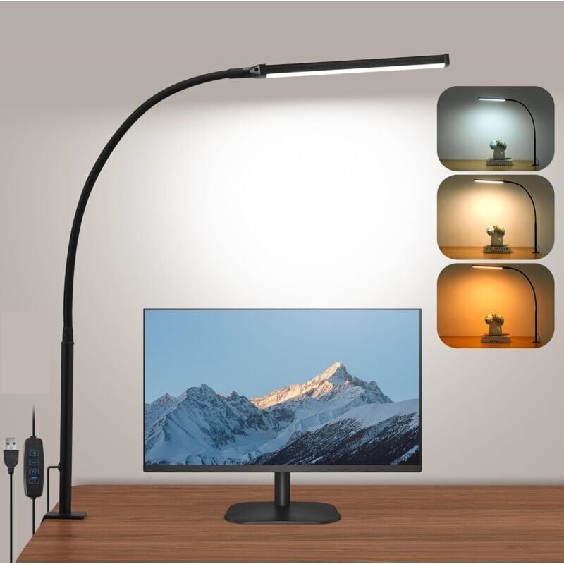 Lampe de Bureau led, 3 Modes de Couleur 10 Niveaux de Luminosité lampe bureau avec Pince, 360 ° réglable col de cygne flexible lampe de table, Lampe