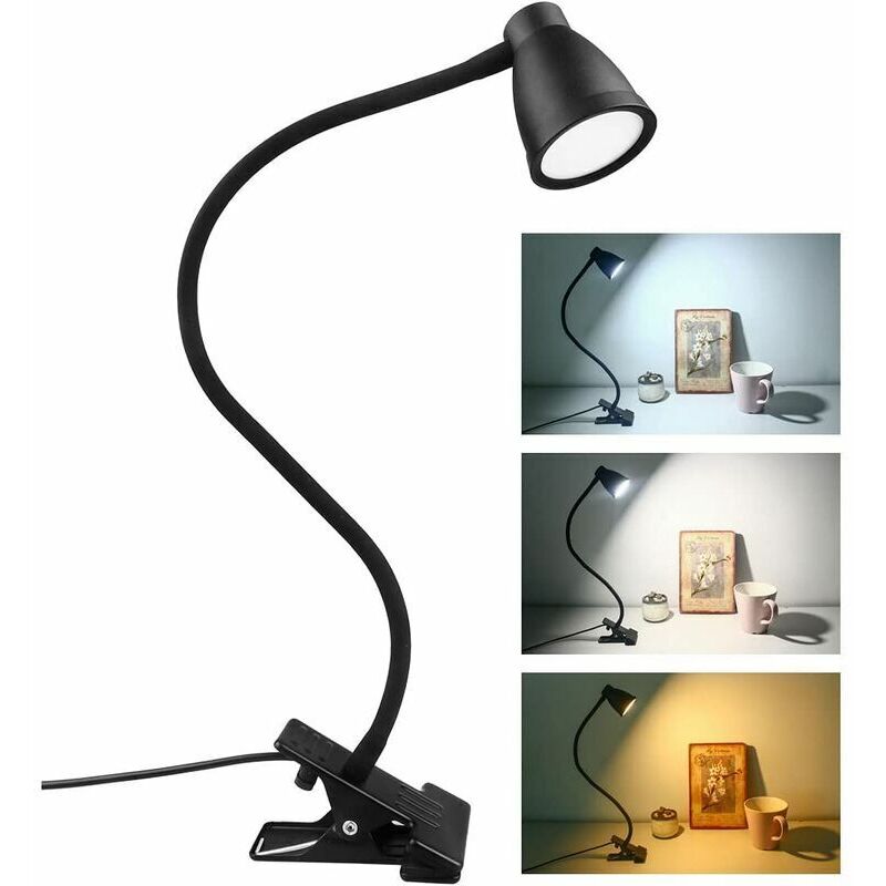 Led Lampe de Bureau à Pince, 3 Couleur Luminosité Réglable, usb Lampe de Chevet Pince, Protection des Yeux 360° Flexible Lampe de Lecture pour Étude