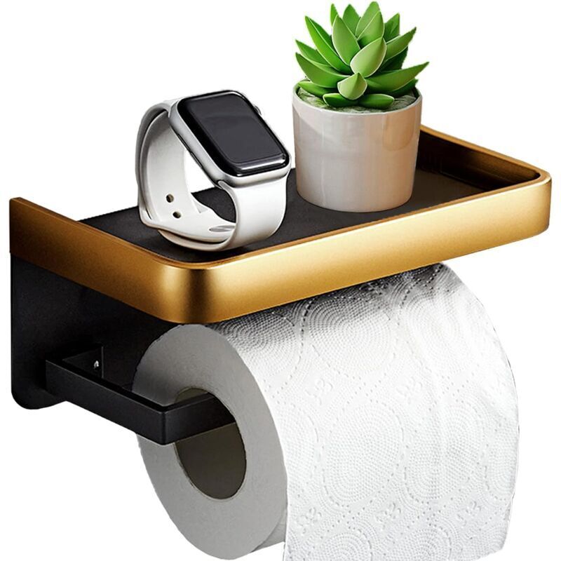 Porte Papier Toilette, Derouleur Papier Toilette Adhesif avec Tablette, 2 Méthodes de Montage (Autocollant ou Perçage), Support Papier Toilette Mural