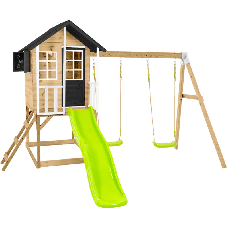 Zwerkules Holzspielhaus / Stelzenhaus 'Holli 3', natur / grau, mit Rutsche und Doppelschaukel