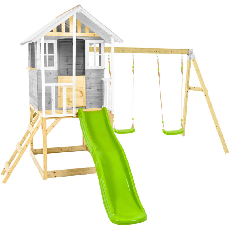 Zwerkules Spielhaus 'Valli 3', natur grau, mit Rutsche und Doppelschaukel